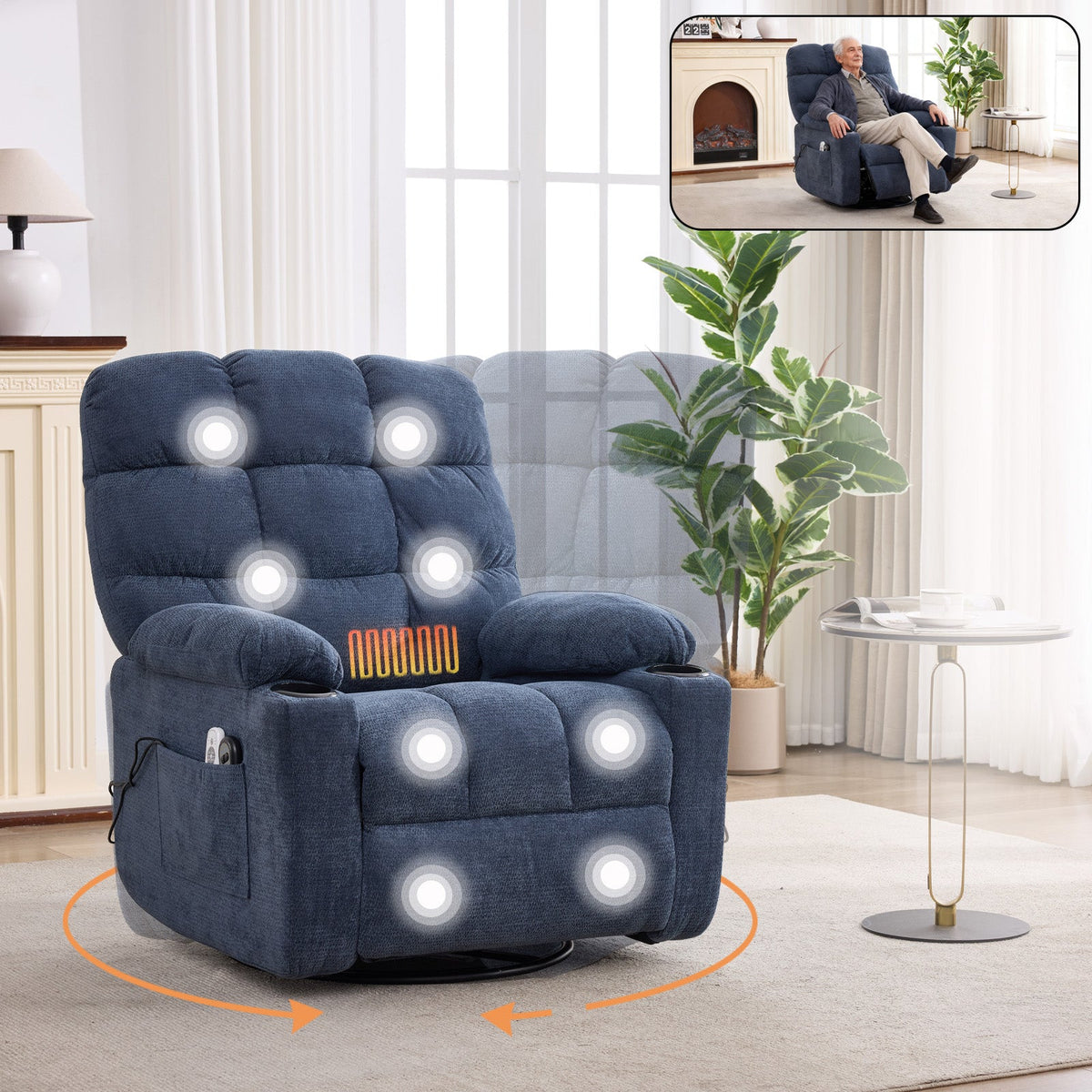Heat Massage Recliner Chair in dark blue fabric with rocker and swivel by HouseOfZazla on Tampa Home & Garden Store