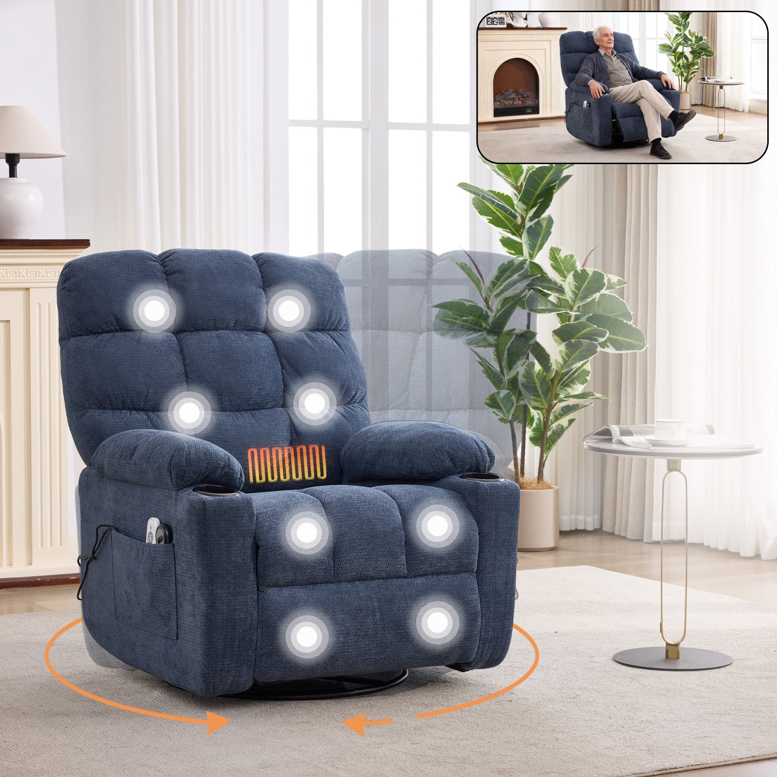 Heat Massage Recliner Chair in dark blue fabric with rocker and swivel by HouseOfZazla on Tampa Home & Garden Store
