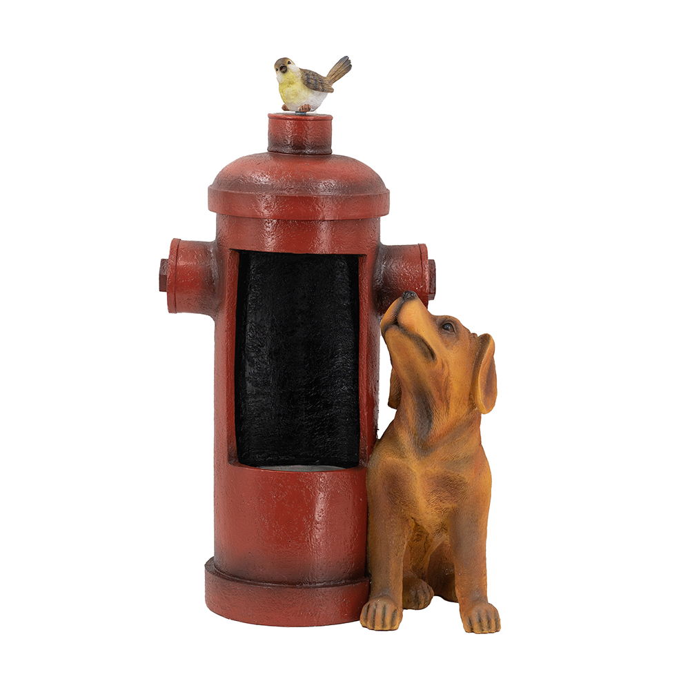 Red fire hydrant water fountain with a brown dog beside it and a perched bird, HouseOfZazla on Tampa Home & Garden Store