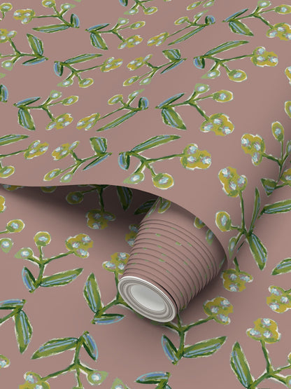 Antonia Wallpaper Mauve floral repeat pattern with green leaves and yellow blossoms on Tampa Home & Garden Store