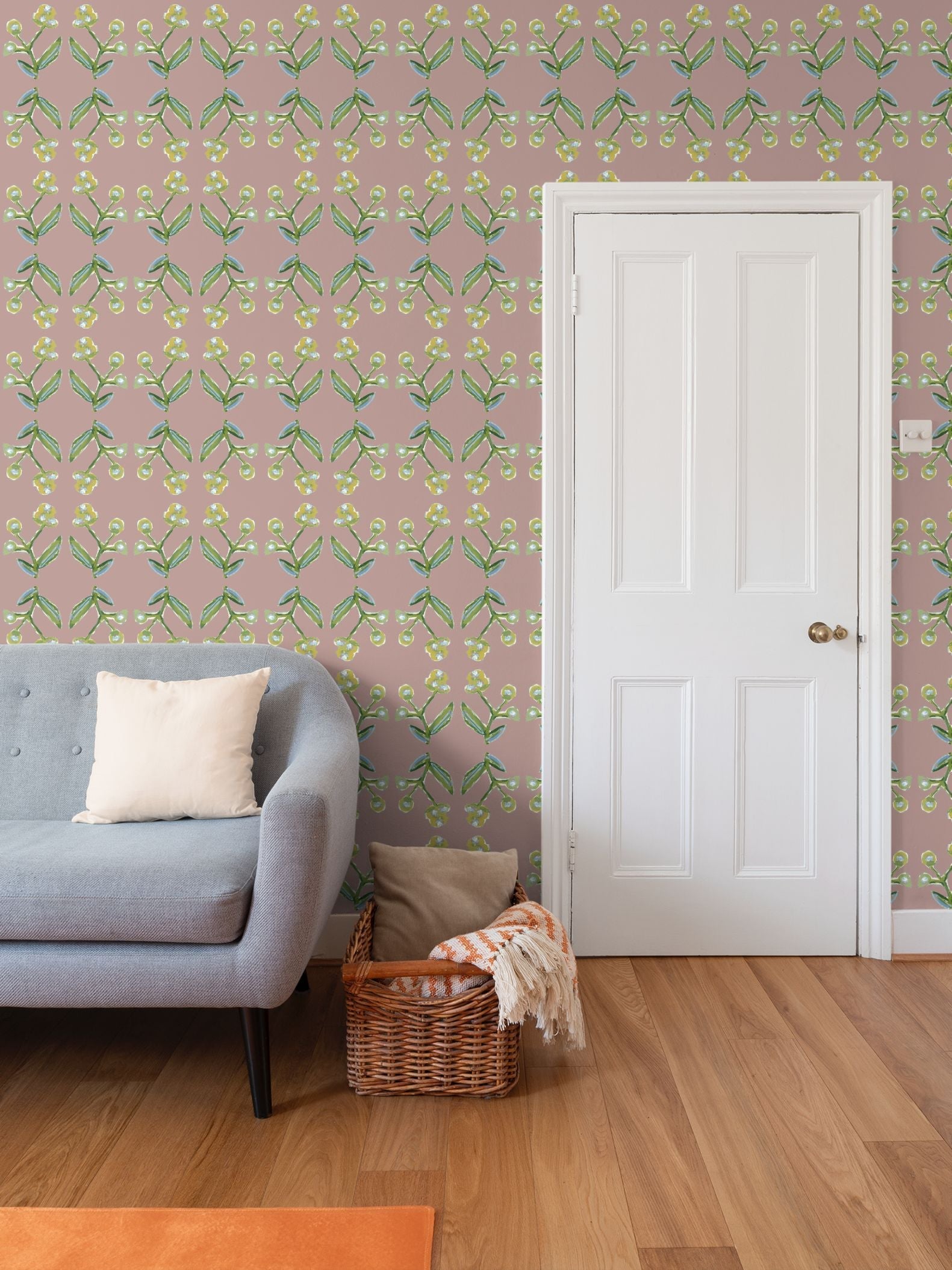 Antonia Wallpaper Mauve by Erin Donahue Tice; repeat pattern with green floral stems on Tampa Home & Garden Store