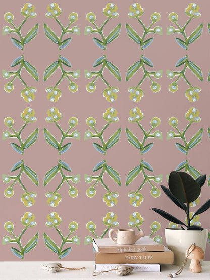 Antonia Mauve wallpaper repeat pattern with green stems and yellow blossoms by Erin Donahue Tice on Tampa Home & Garden Store