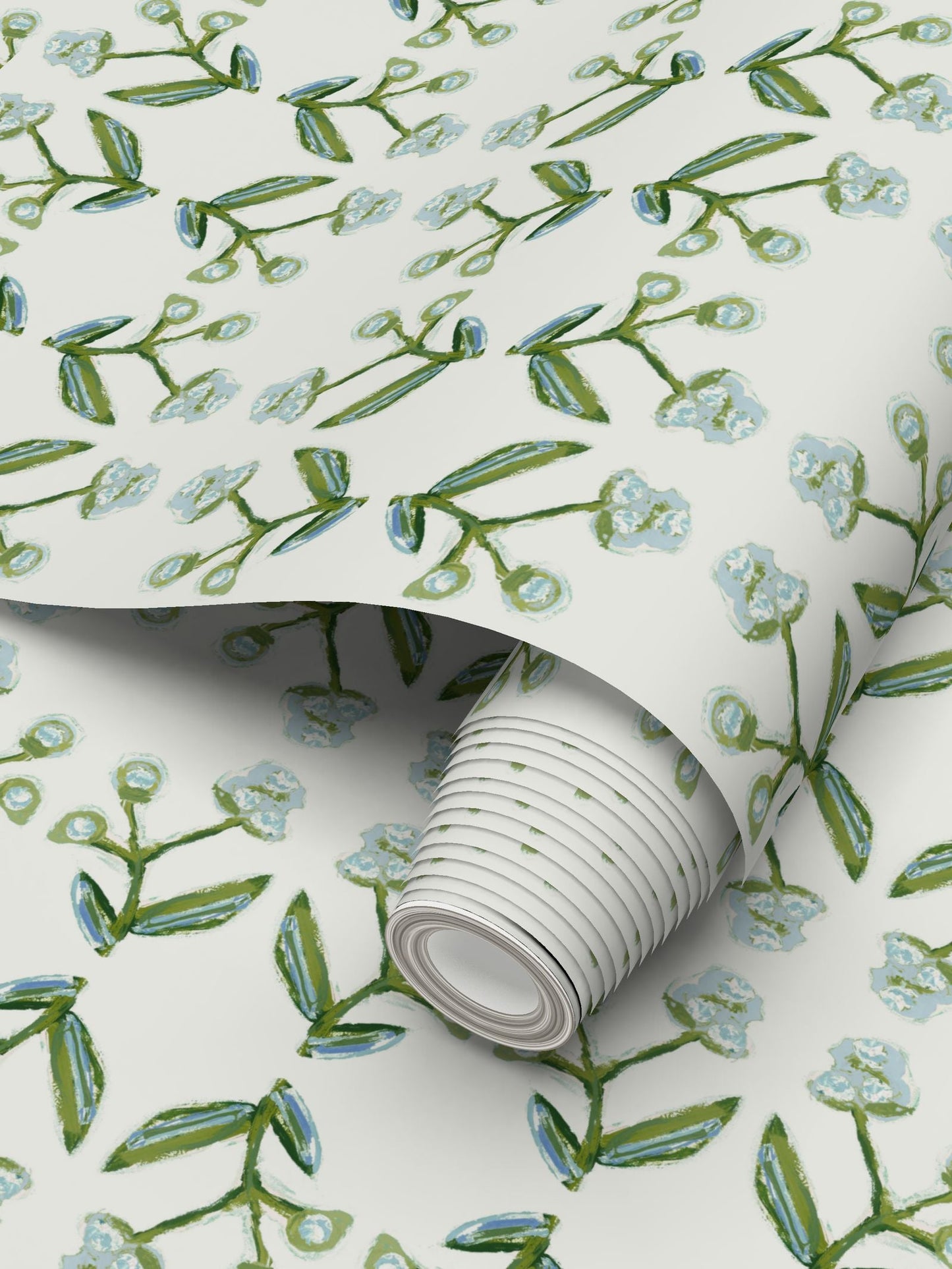 Antonia Wallpaper, blue and green botanical branch repeat pattern on white background on Tampa Home & Garden Store