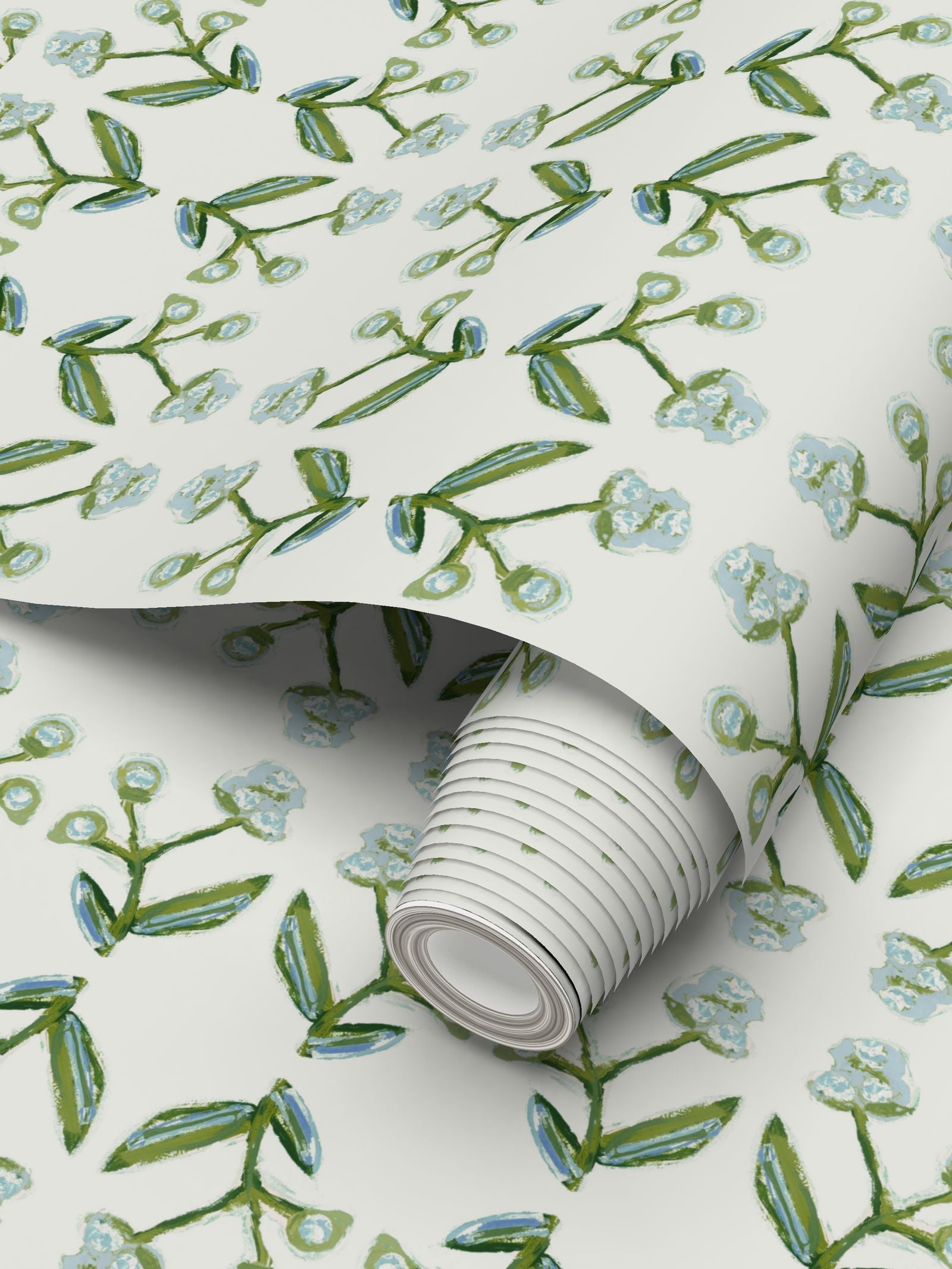 Antonia Wallpaper, blue and green botanical branch repeat pattern on white background on Tampa Home & Garden Store