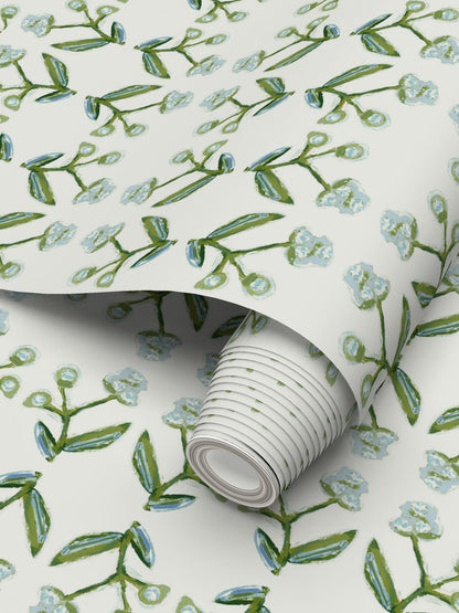 Antonia Wallpaper, blue and green botanical branch repeat pattern on white background on Tampa Home & Garden Store