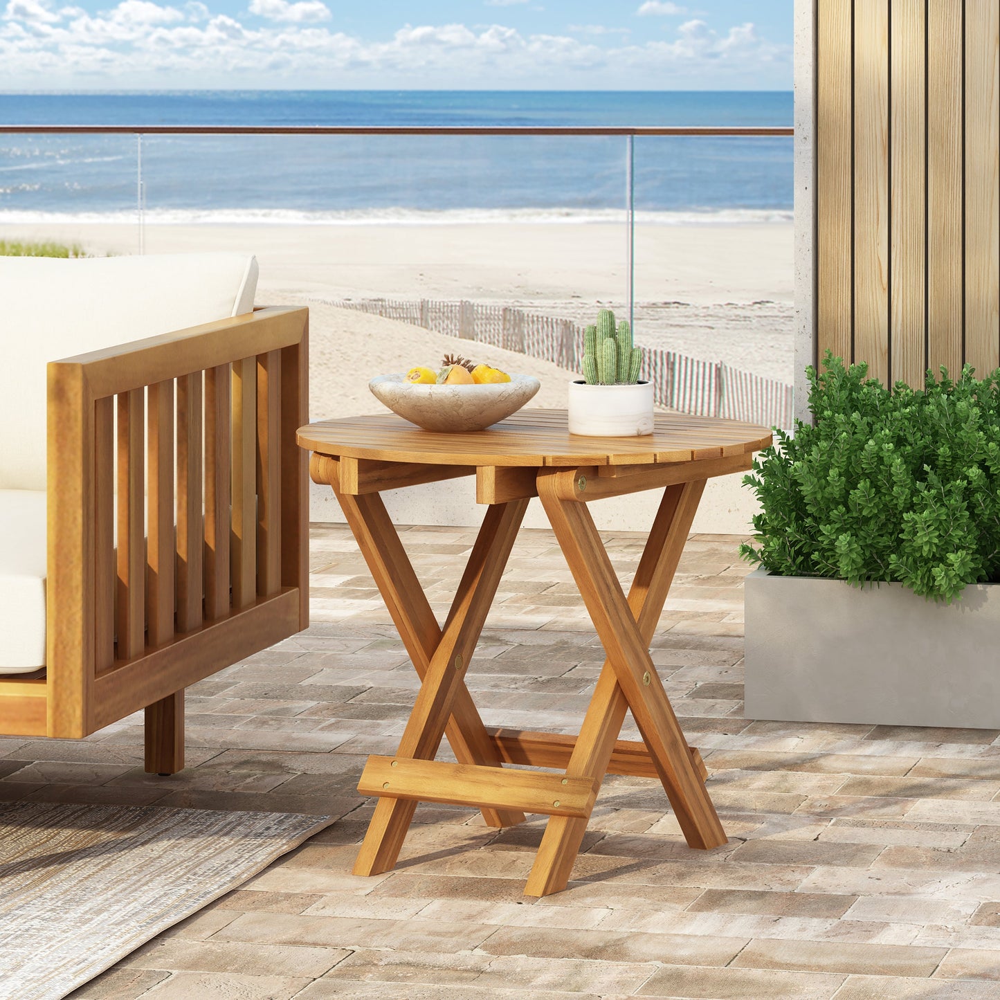 Patio Conversation Set with foldable acacia wood table and cushioned chairs by HouseOfZazla on Tampa Home & Garden Store