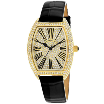 Watch Christian Van Sant women's chic gold-tone crystal bezel with black leather strap on Tampa Home & Garden Store