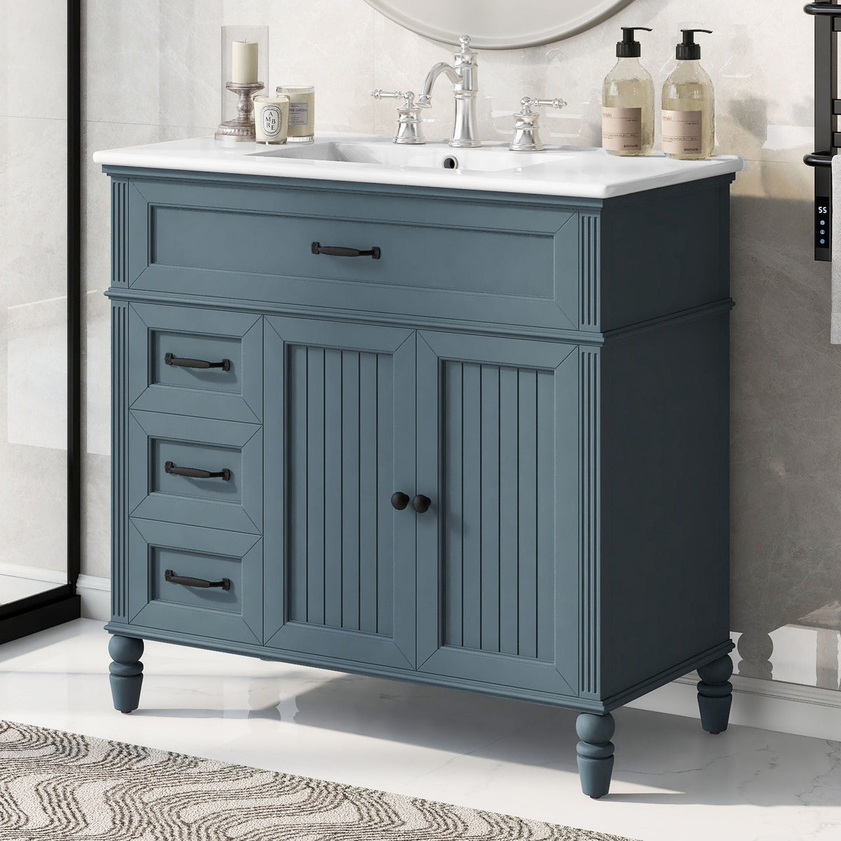 Bathroom vanity with sink and drawers in blue-gray solid wood by HouseOfZazla freestanding on Tampa Home & Garden Store
