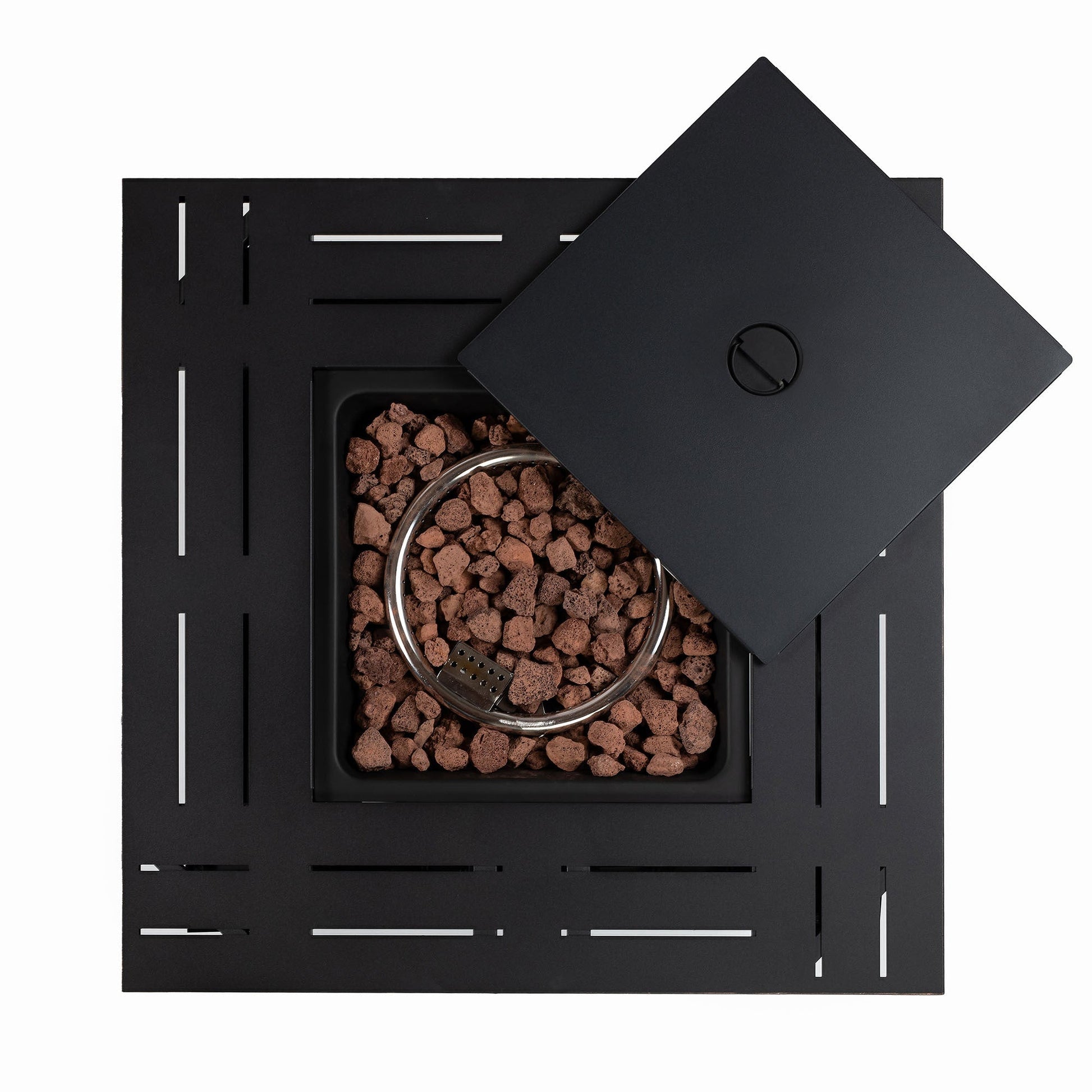 HouseOfZazla 28in propane gas fire pit table, black square steel, 50,000 BTU lava rock bed on Tampa Home & Garden Store