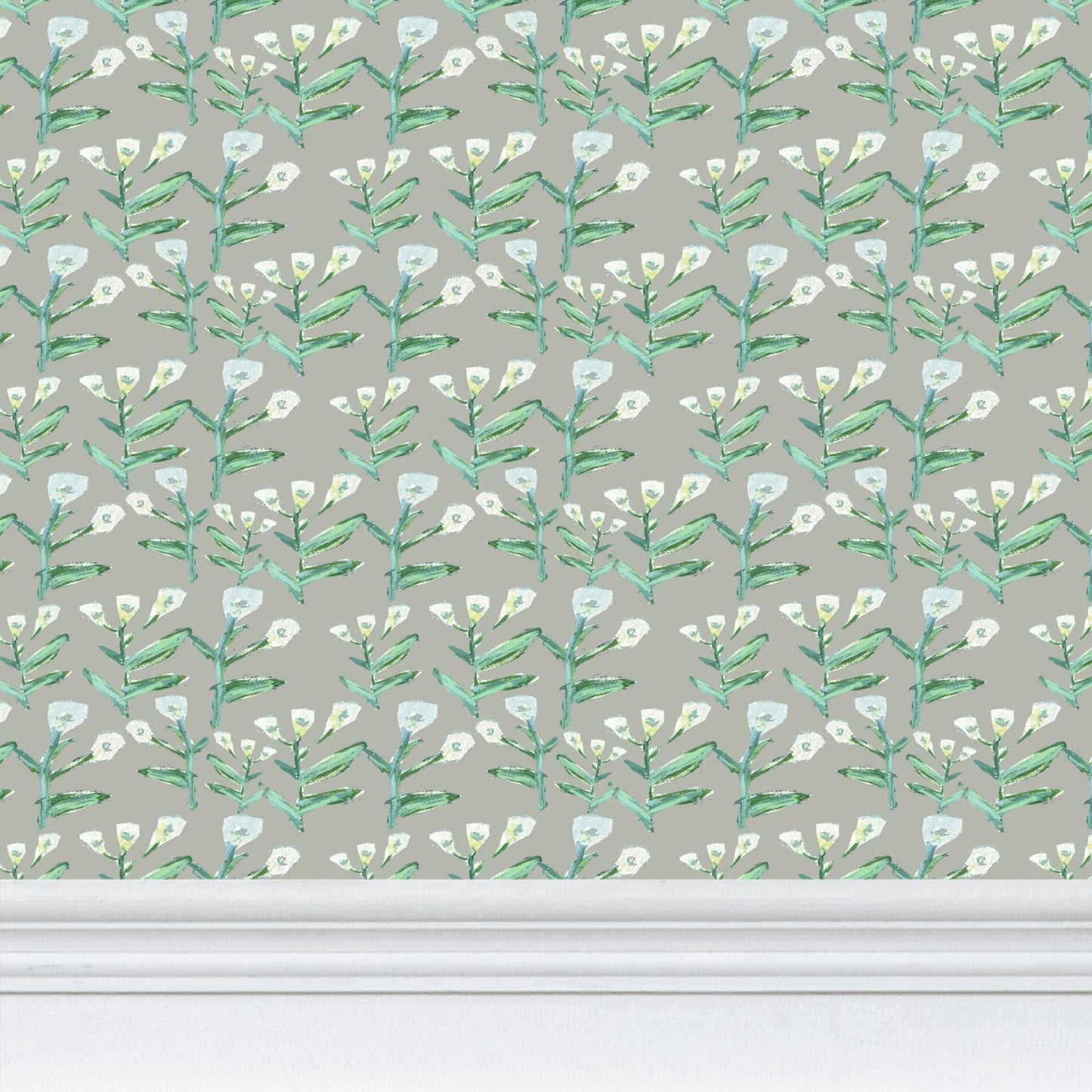 Sydney Wallpaper Moss by Erin Donahue Tice pattern with green stems and white blossoms gray-toned on Tampa Home & Garden Store