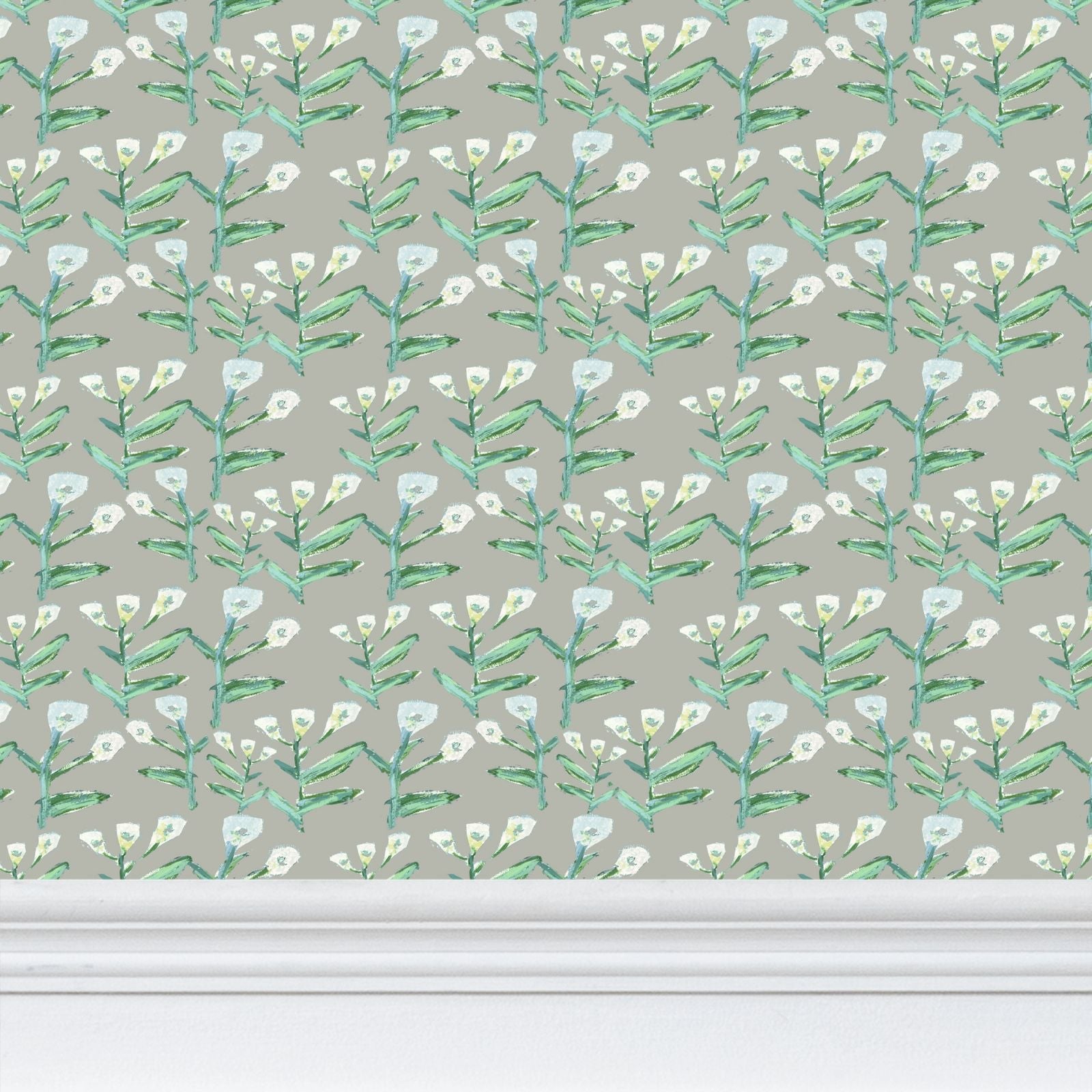 Sydney Wallpaper Moss by Erin Donahue Tice pattern with green stems and white blossoms gray-toned on Tampa Home & Garden Store