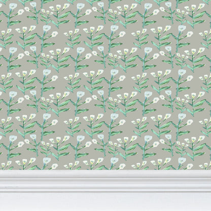 Sydney Wallpaper Moss by Erin Donahue Tice pattern with green stems and white blossoms gray-toned on Tampa Home & Garden Store