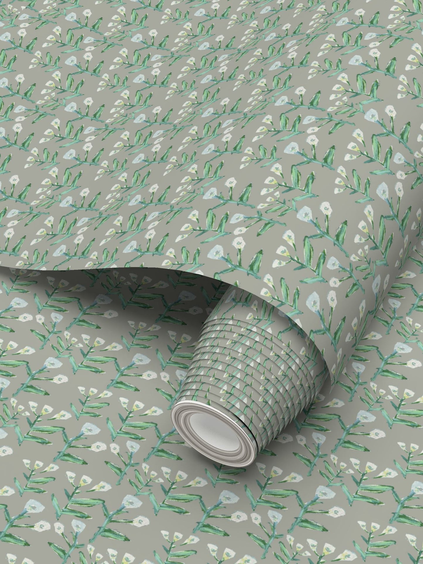 Sydney Wallpaper Moss repeat pattern in green botanical stems on gray by Erin Donahue Tice on Tampa Home & Garden Store