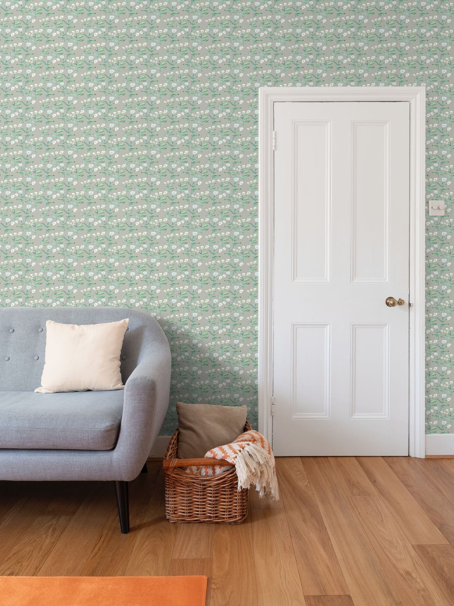 Sydney Wallpaper Moss repeat pattern with green floral stems and blossoms on gray-green backdrop on Tampa Home & Garden Store