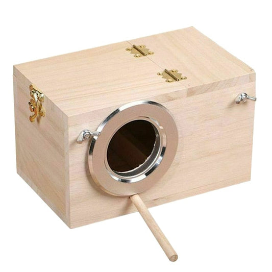 Wooden birdhouse with circular metal entry ring, wood perch, brass hinges on Tampa Home & Garden Store