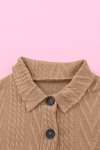 Women's camel knit jacket with drop-shoulder and button-up collar on Tampa Home & Garden Store