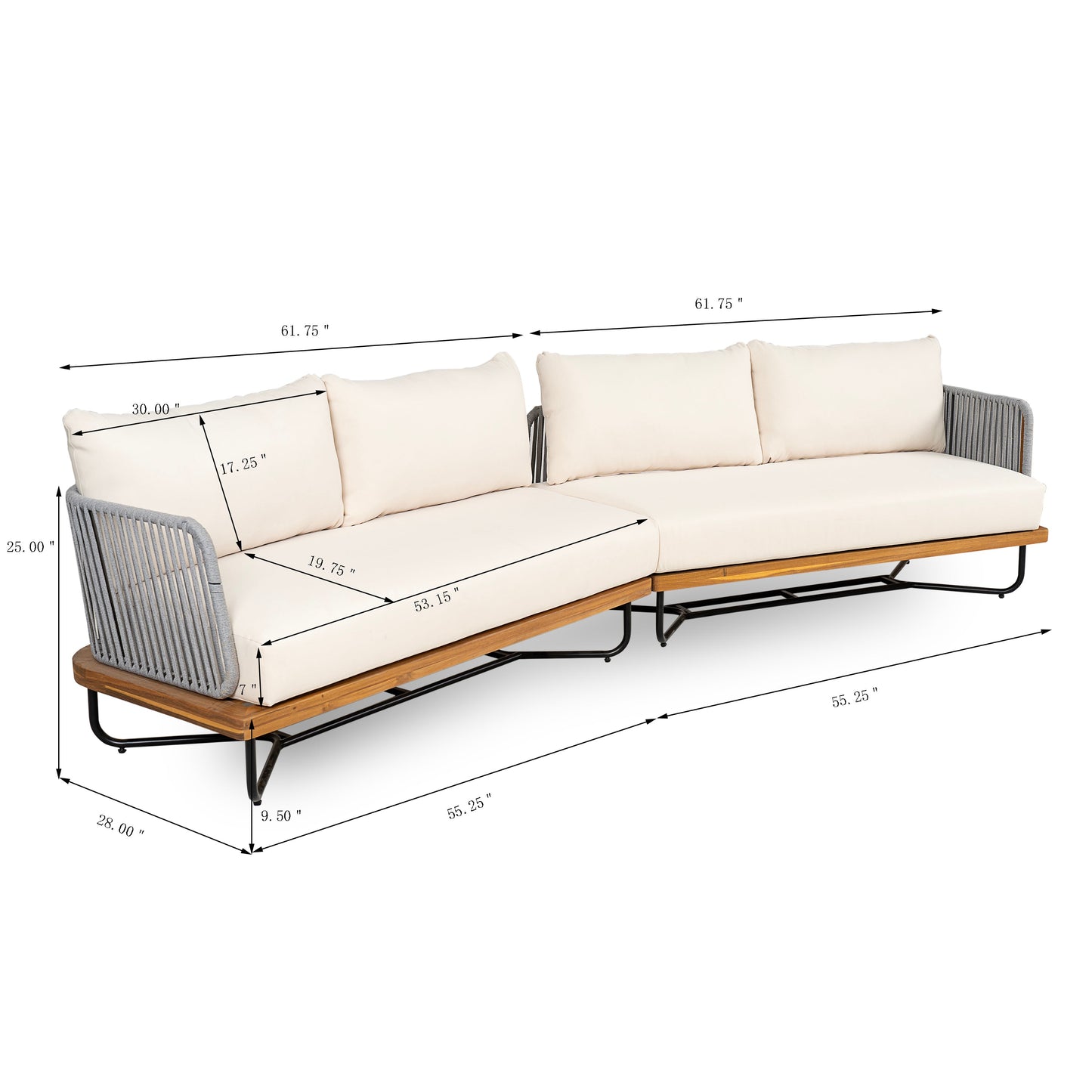 Lucca Outdoor Acacia Wood Rope-Woven Sofa Sectional Set with cream cushions on a wooden frame on Tampa Home & Garden Store