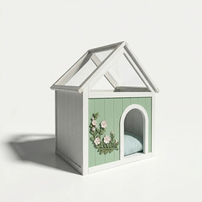 Indoor Cat House mint and white with clear roof, round porthole window and floral front on Tampa Home & Garden Store