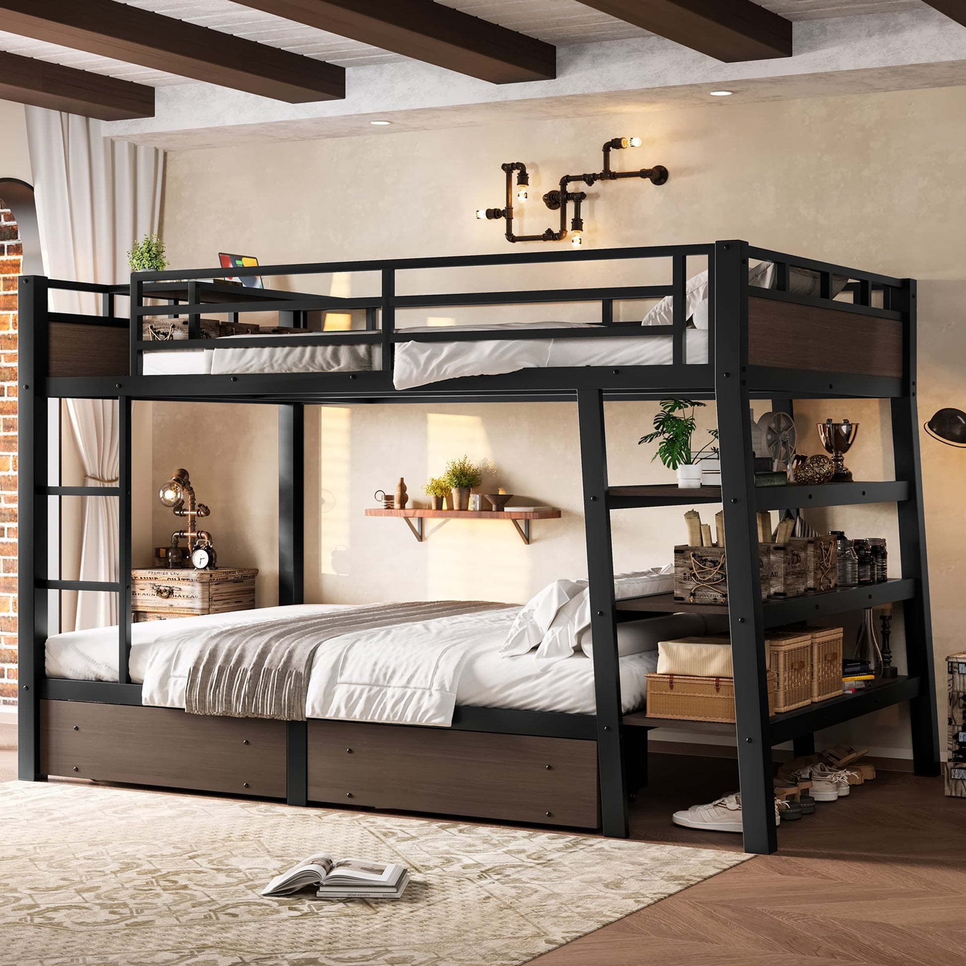 Full size metal bunk bed with storage shelves and USB power strip in black frame on Tampa Home & Garden Store