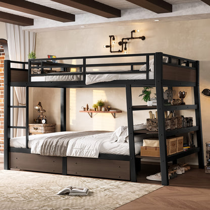 Full size metal bunk bed with storage shelves and USB power strip in black frame on Tampa Home & Garden Store