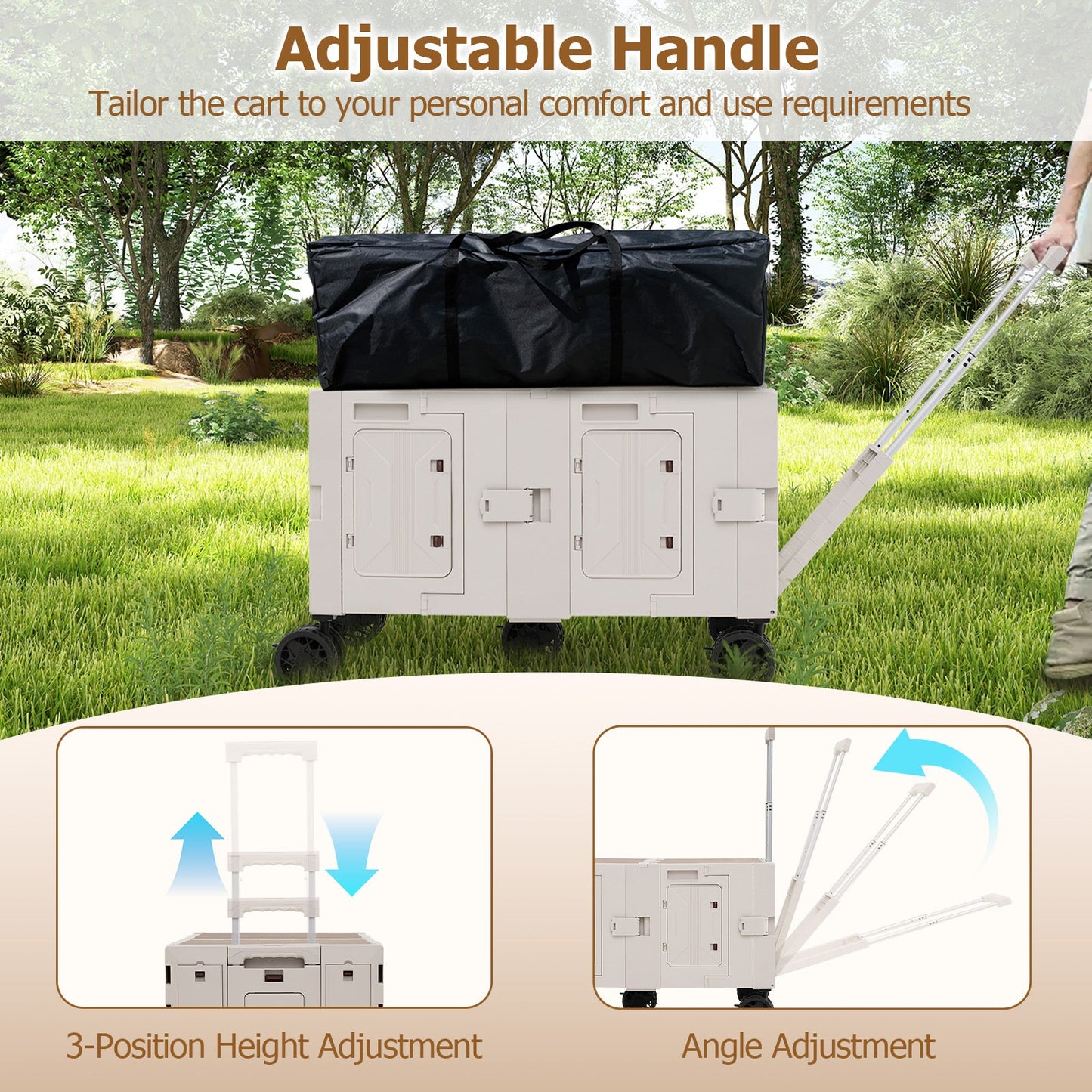 Large Foldable Utility Cart with 2-Tier Storage Crates and Telescoping Handle