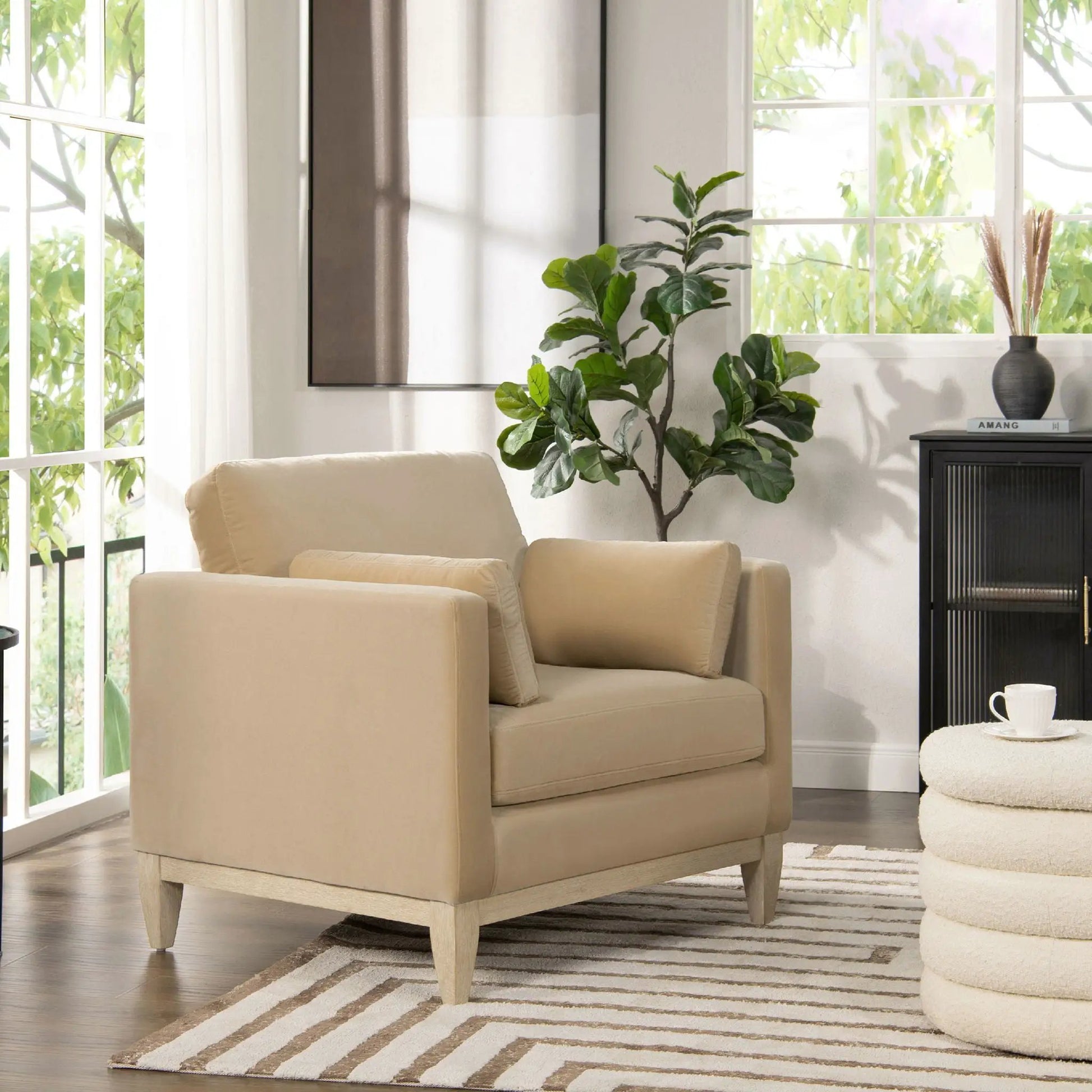 Knox Modern Farmhouse Arm Chair beige upholstery with natural wood legs on Tampa Home & Garden Store