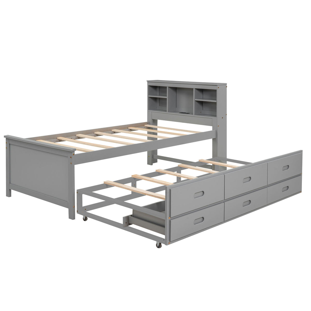 Grey platform bed by HouseOfZazla with storage headboard and 3 under-bed drawers on Tampa Home & Garden Store