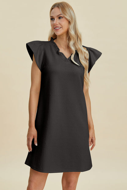 Double Take Full Size Ruffled V-Neck Cap Sleeve Dress charcoal gray fabric Stevvex on Tampa Home & Garden Store