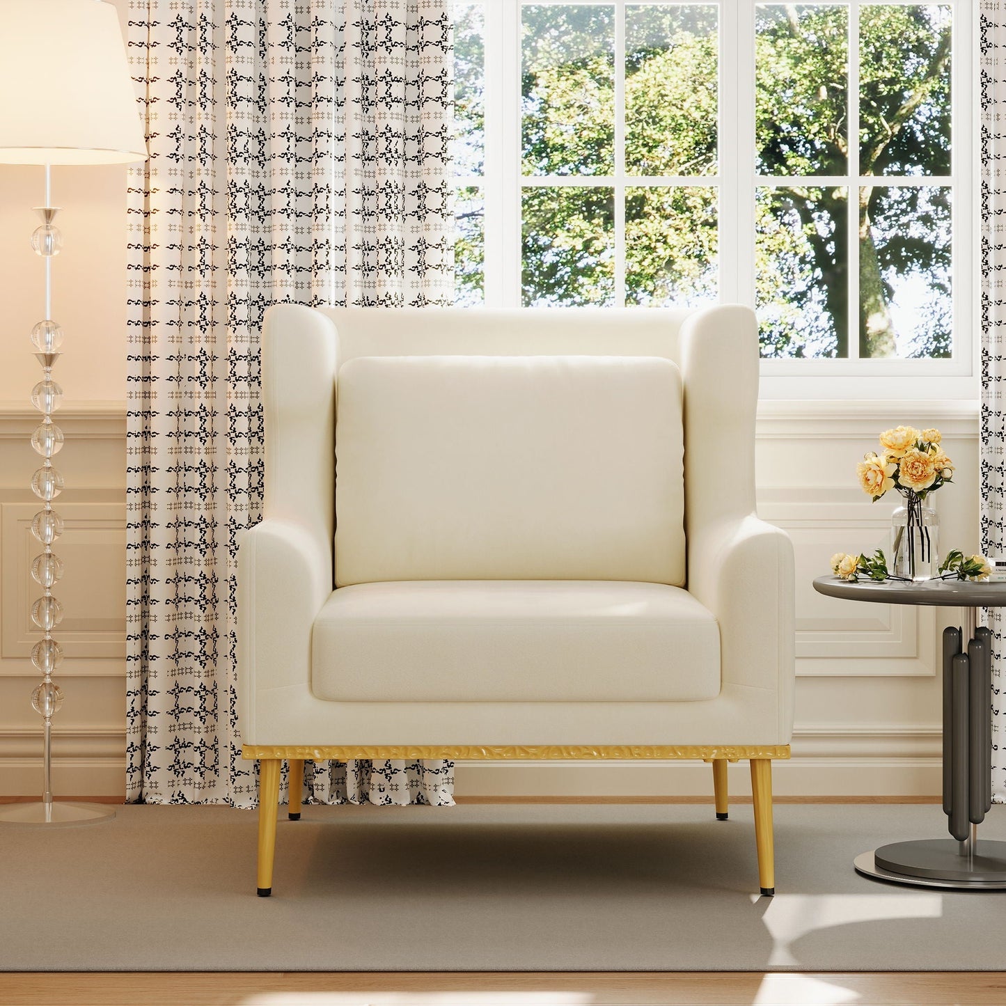 Elegant curved armrest accent armchair in cream fabric with light wood legs HouseOfZazla on Tampa Home & Garden Store