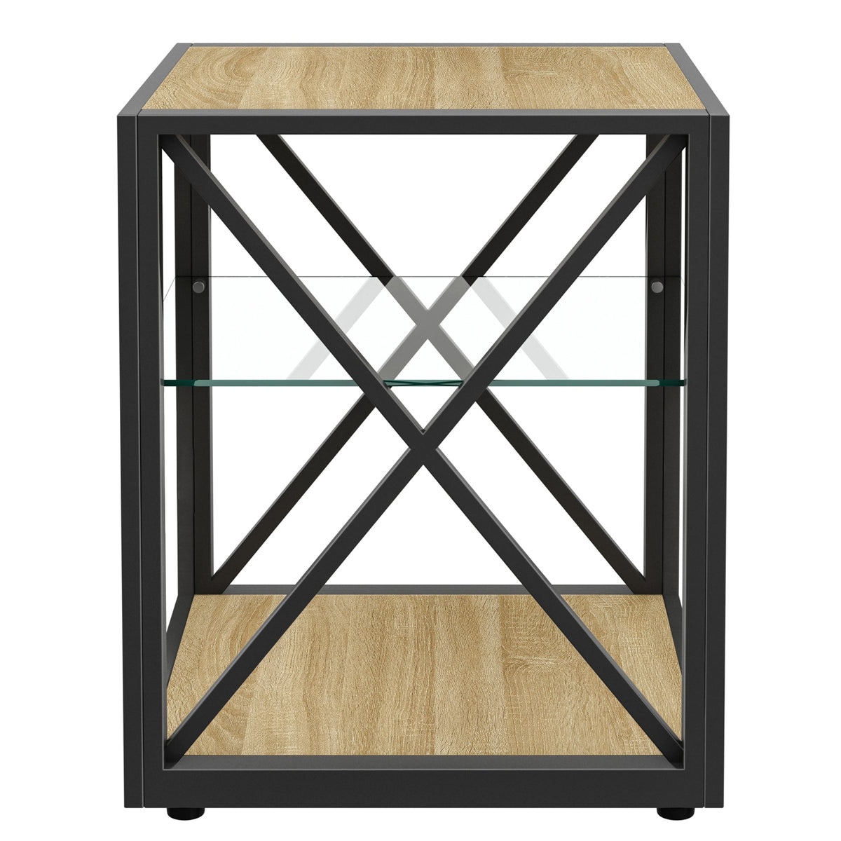 End Table Nightstand by HouseOfZazla, black metal frame with light wood top and glass shelf on Tampa Home & Garden Store