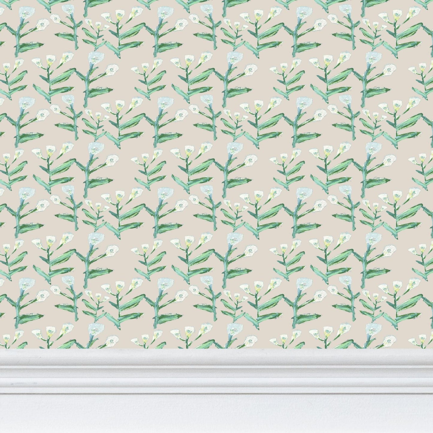 Sydney Wallpaper Cream by Erin Donahue Tice, teal stems with white blossoms on beige background on Tampa Home & Garden Store