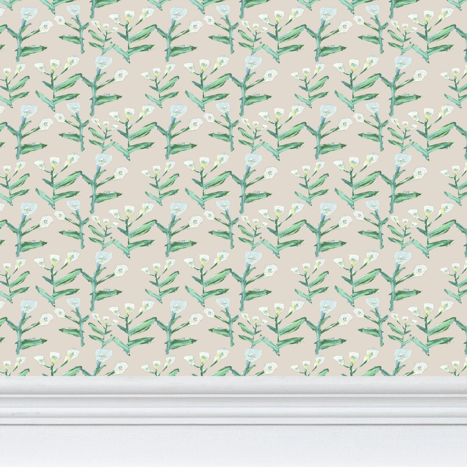 Sydney Wallpaper Cream by Erin Donahue Tice, teal stems with white blossoms on beige background on Tampa Home & Garden Store