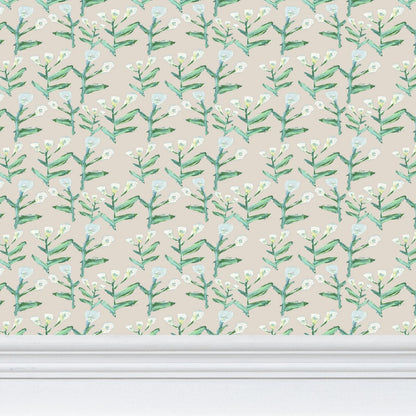 Sydney Wallpaper Cream by Erin Donahue Tice, teal stems with white blossoms on beige background on Tampa Home & Garden Store
