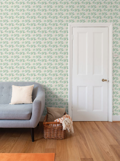 Sydney Wallpaper Cream green botanical stems in a repeat pattern on a cream background by Erin Donahue Tice on Tampa Home & Garden Store