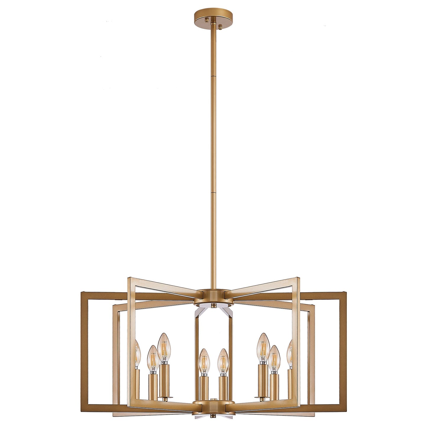 27' Modern Golden Geometric 8-Light Chandelier with open gold cube frame and candle bulbs on Tampa Home & Garden Store