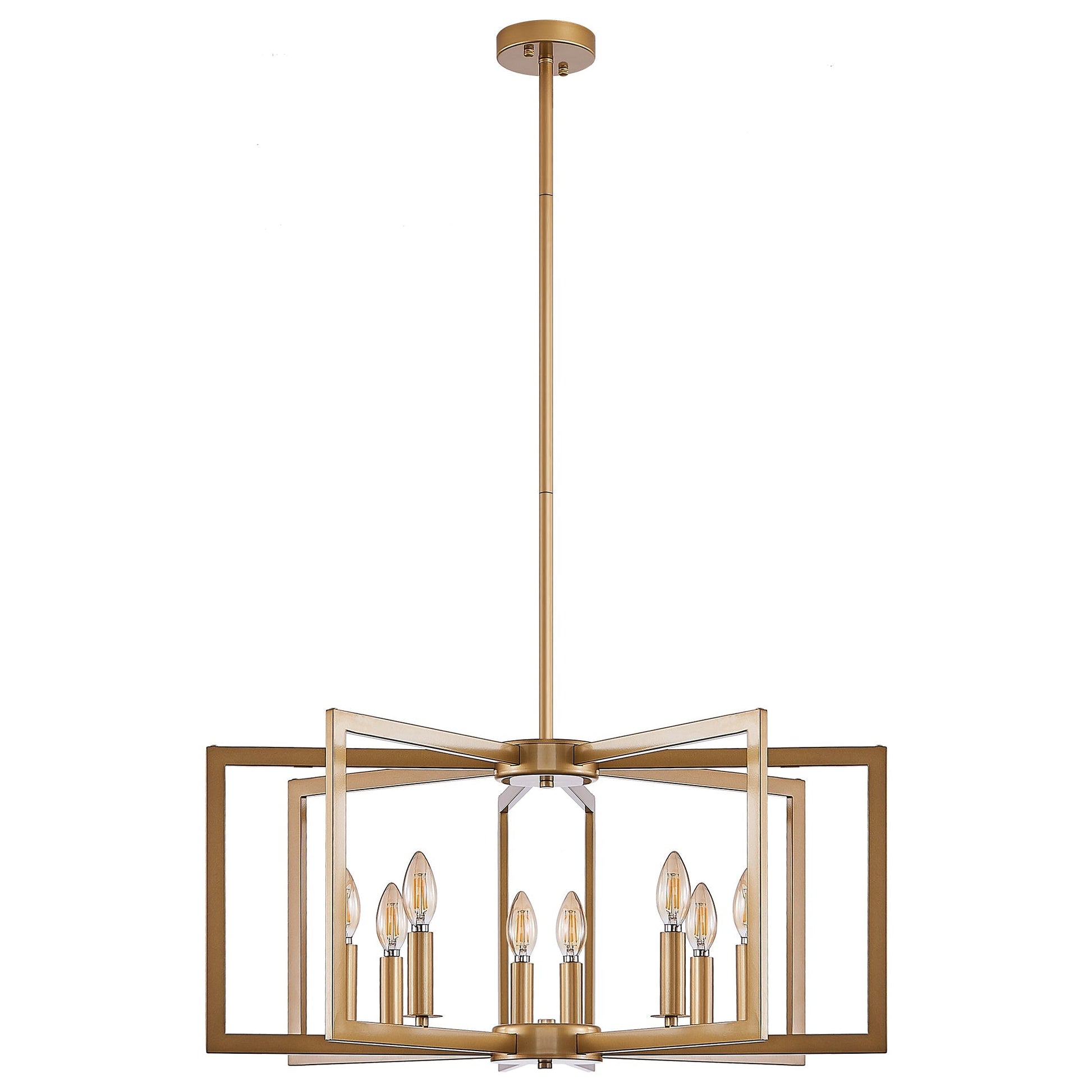 27' Modern Golden Geometric 8-Light Chandelier with open gold cube frame and candle bulbs on Tampa Home & Garden Store