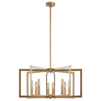 27' Modern Golden Geometric 8-Light Chandelier with open gold cube frame and candle bulbs on Tampa Home & Garden Store