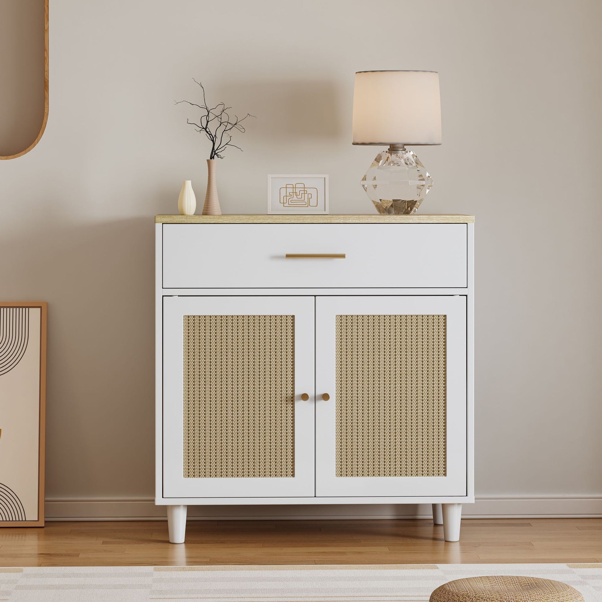Cat litter box enclosure cabinet in white with light brown woven cane panels on Tampa Home & Garden Store