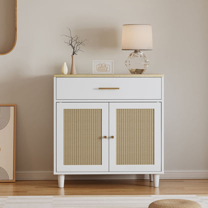 Cat litter box enclosure cabinet in white with light brown woven cane panels on Tampa Home & Garden Store