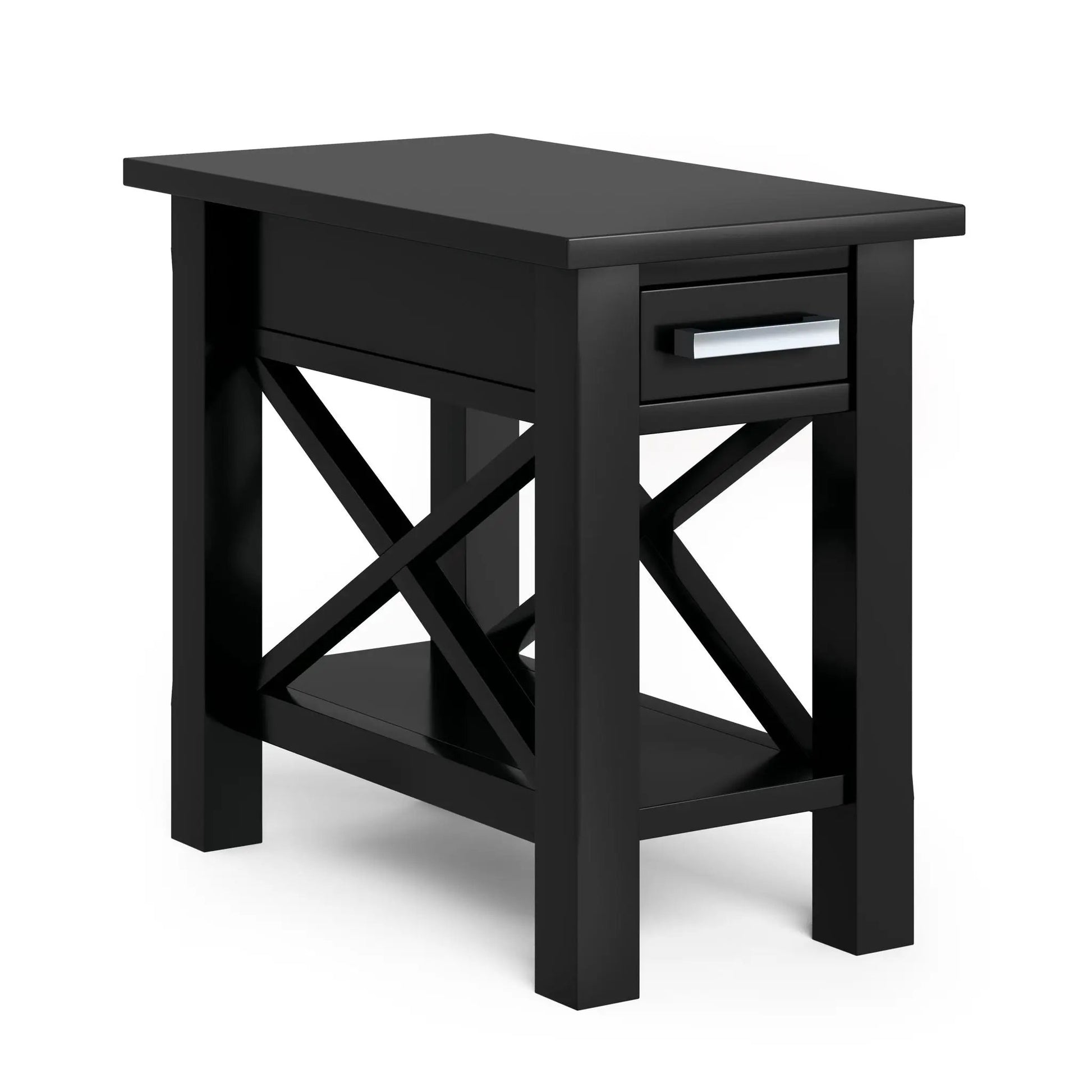 Kitchener handcrafted console table black wood with silver drawer pull and crisscross frame on Tampa Home & Garden Store