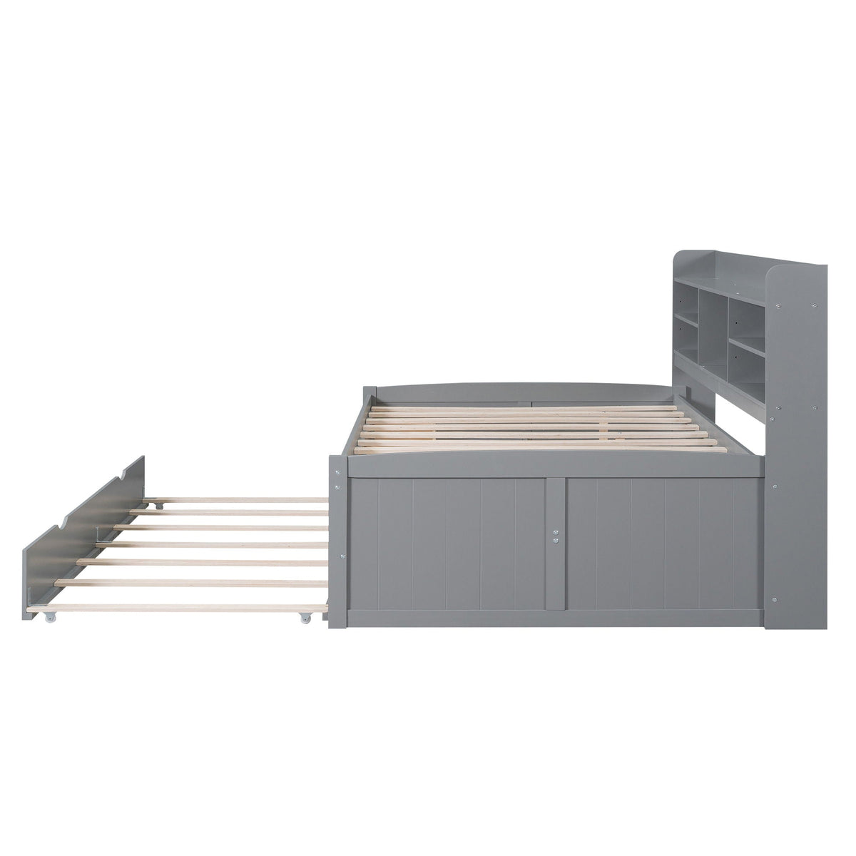 Captain Bed with built-in bookshelves, 3 storage drawers and trundle in gray on Tampa Home & Garden Store