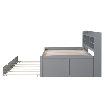 Captain Bed with built-in bookshelves, 3 storage drawers and trundle in gray on Tampa Home & Garden Store