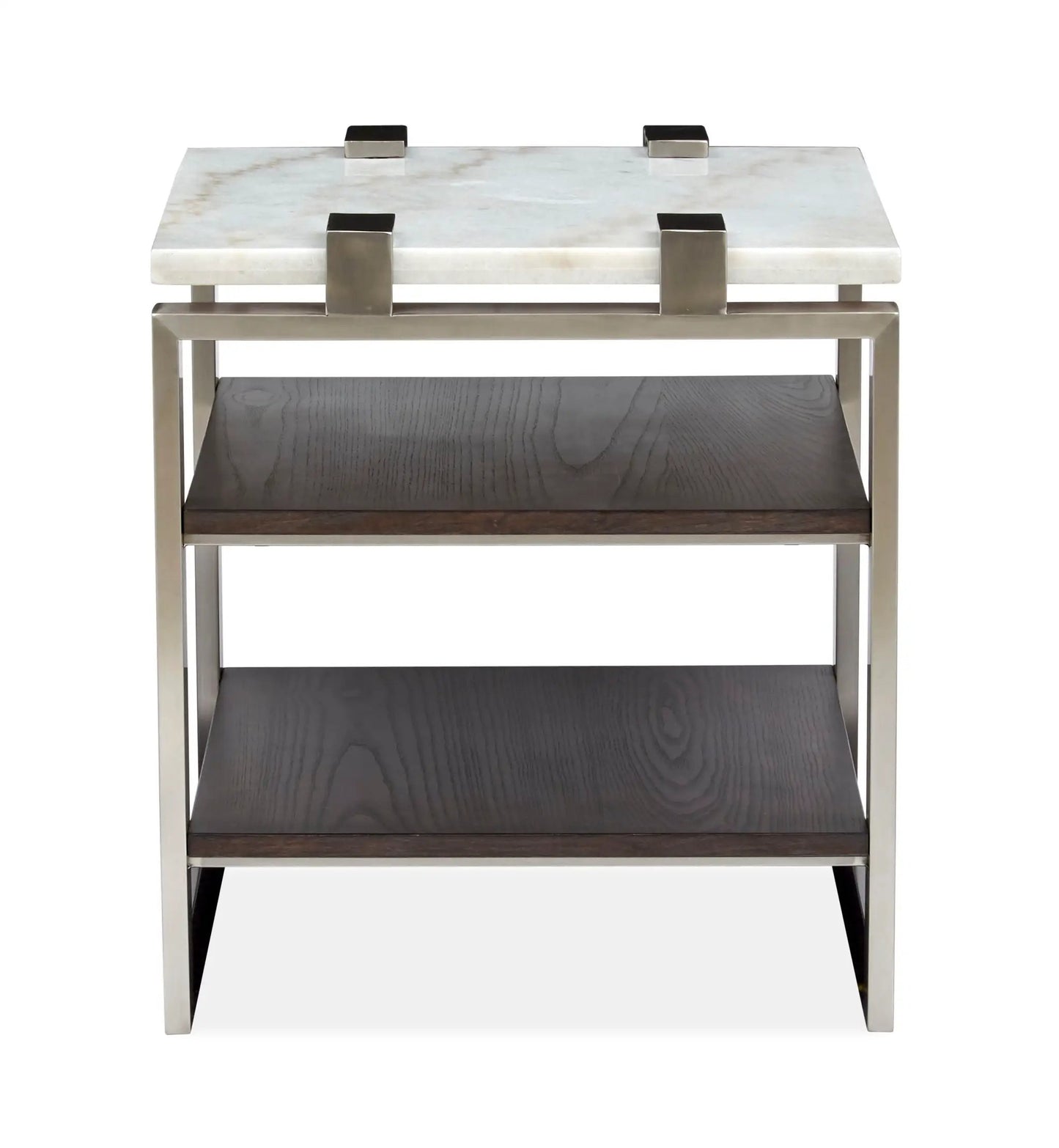 Paradox Rectangular End Table with white marble top brass frame dark wood shelf on Tampa Home & Garden Store