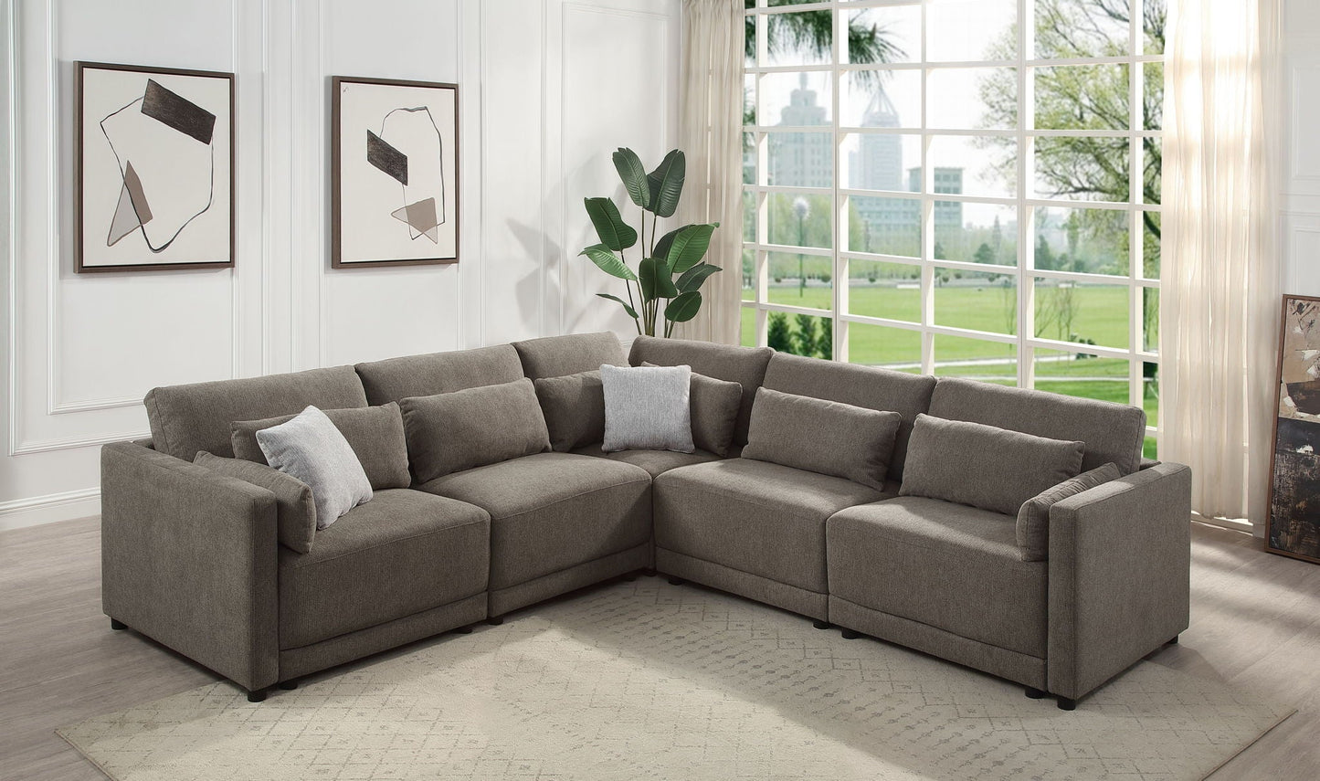Rylie modular sectional sofa in gray fabric with toss pillows on Tampa Home & Garden Store