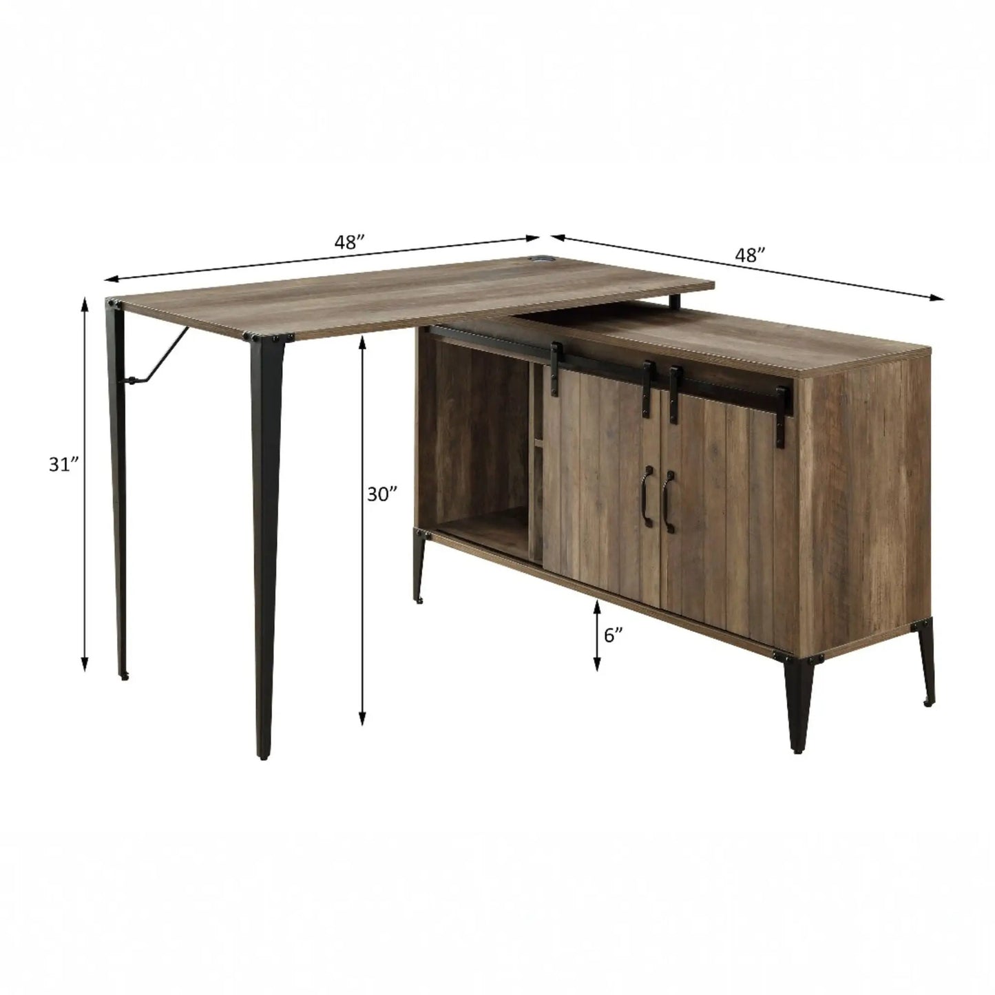 Zakwani wood corner desk and matching cabinet with barn-door hardware and black metal frame on Tampa Home & Garden Store
