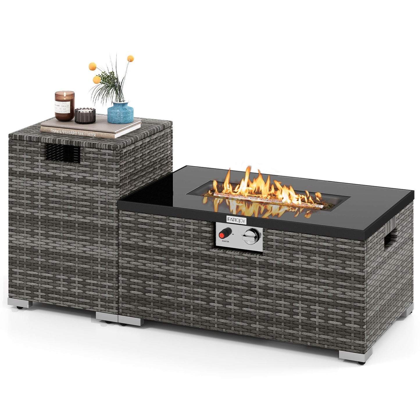 2-Piece outdoor rattan fire table set with 32-inch gas firepit in dark wicker; PatioJoy on Tampa Home & Garden Store