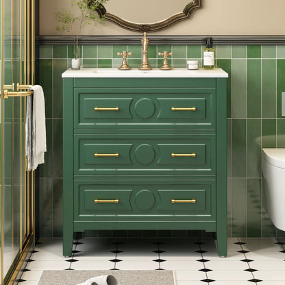 Green retro bathroom vanity with white sink and brass hardware 3-drawer freestanding unit on Tampa Home & Garden Store
