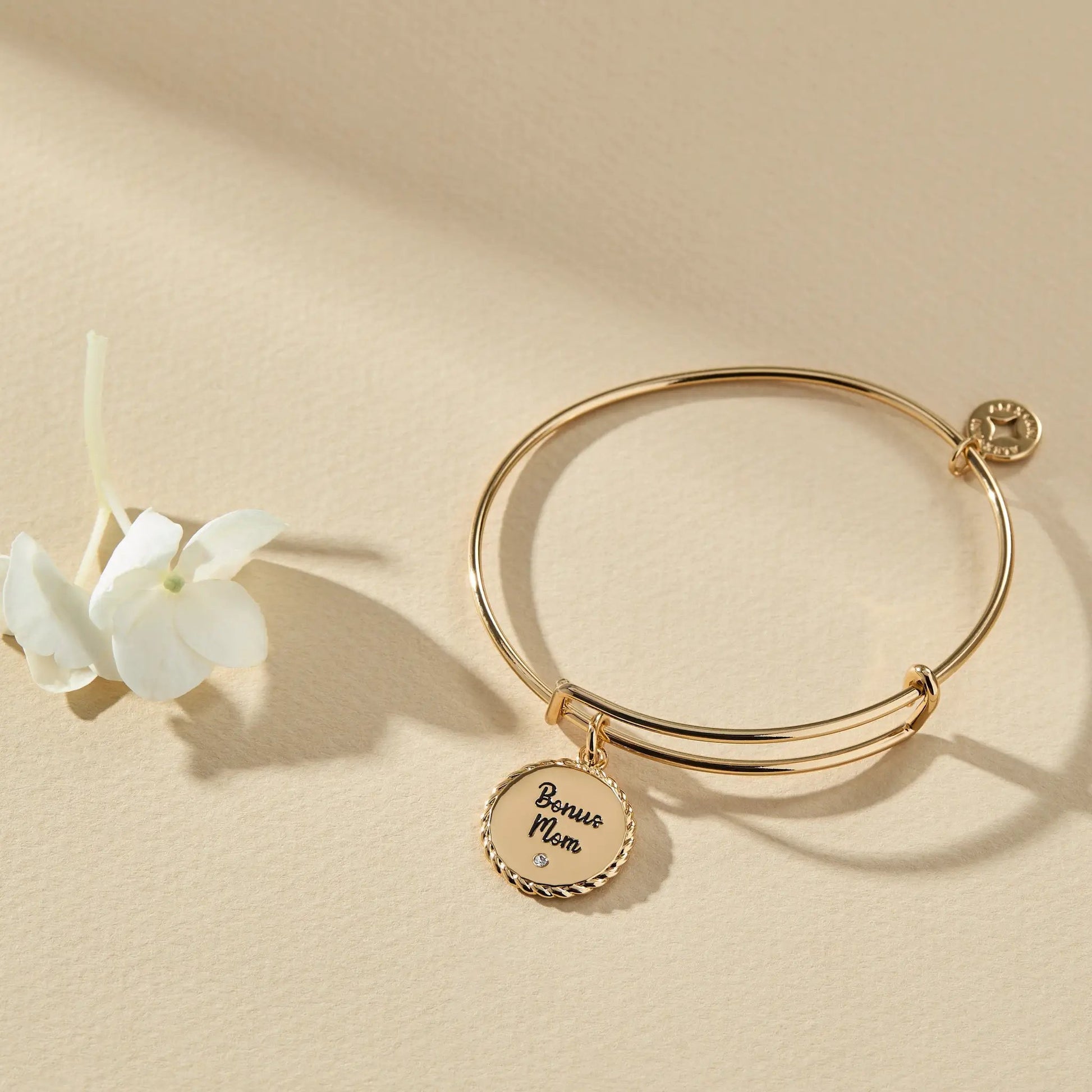 Gold-tone Alex and Ani Bonus Mom charm bracelet set of two with round pendant and crystal accent on Tampa Home & Garden Store