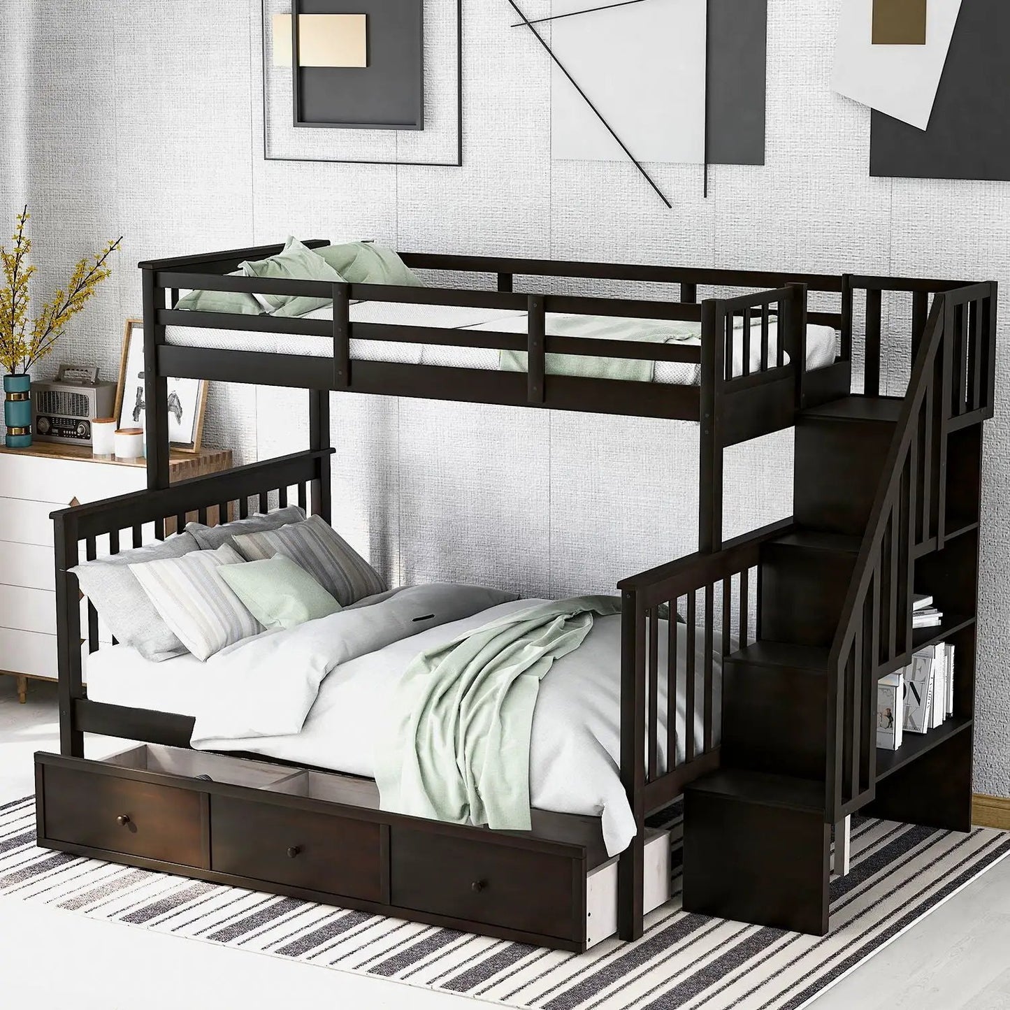 Stairway Bunk Bed with Storage and Guard Rail