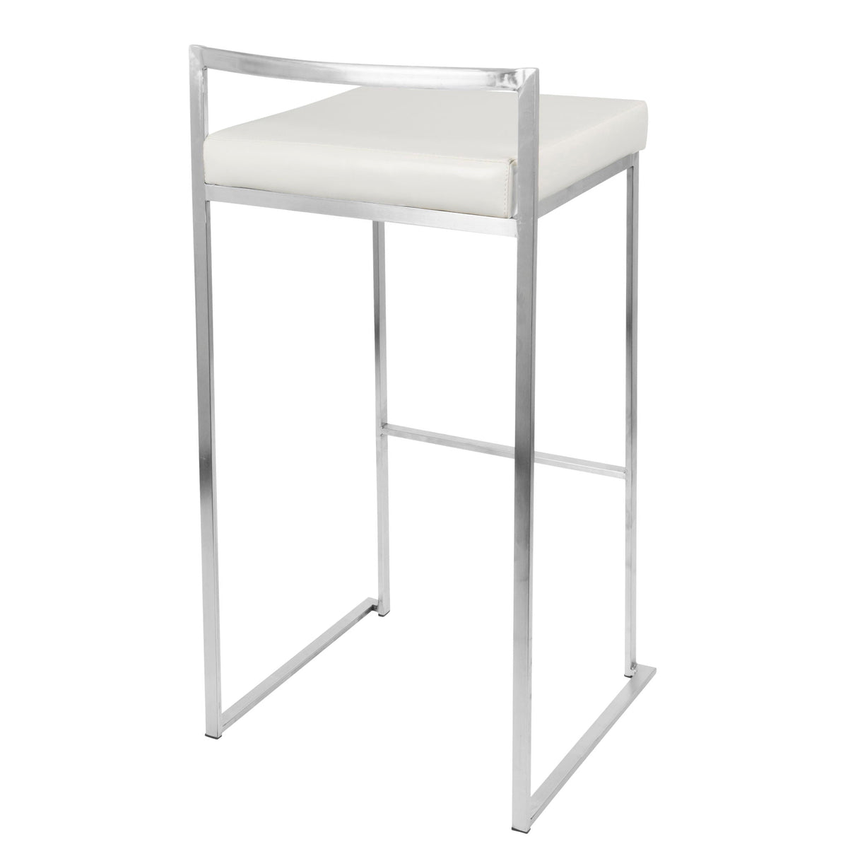 Contemporary stackable barstool with padded white seat, chrome metal frame and back rail on Tampa Home & Garden Store